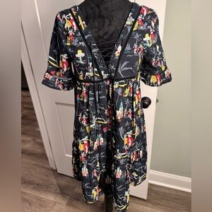 The Korner Anthropologie Retro luau Tiki Party Dress Lace-Up Front Fit & Flare
